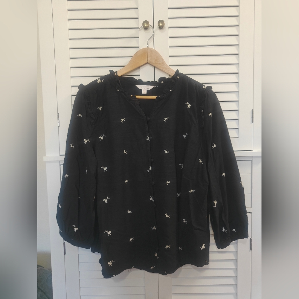 LC Lauren Conrad Black Blouse with White Embroidery
